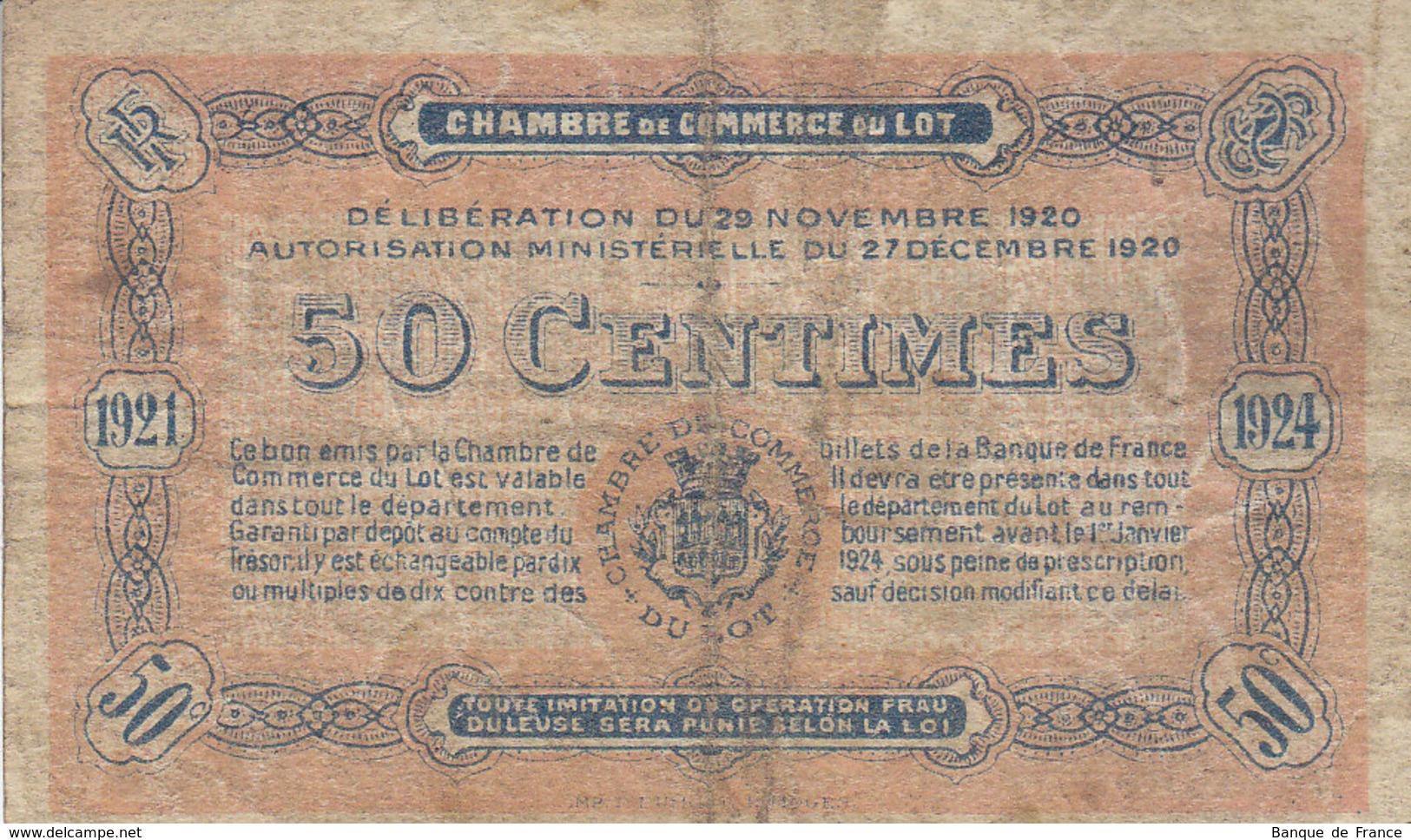 Chambre De Commerce Du Lot Billet 50 C Du 29 Novembre 1920 RARE - Chambre De Commerce