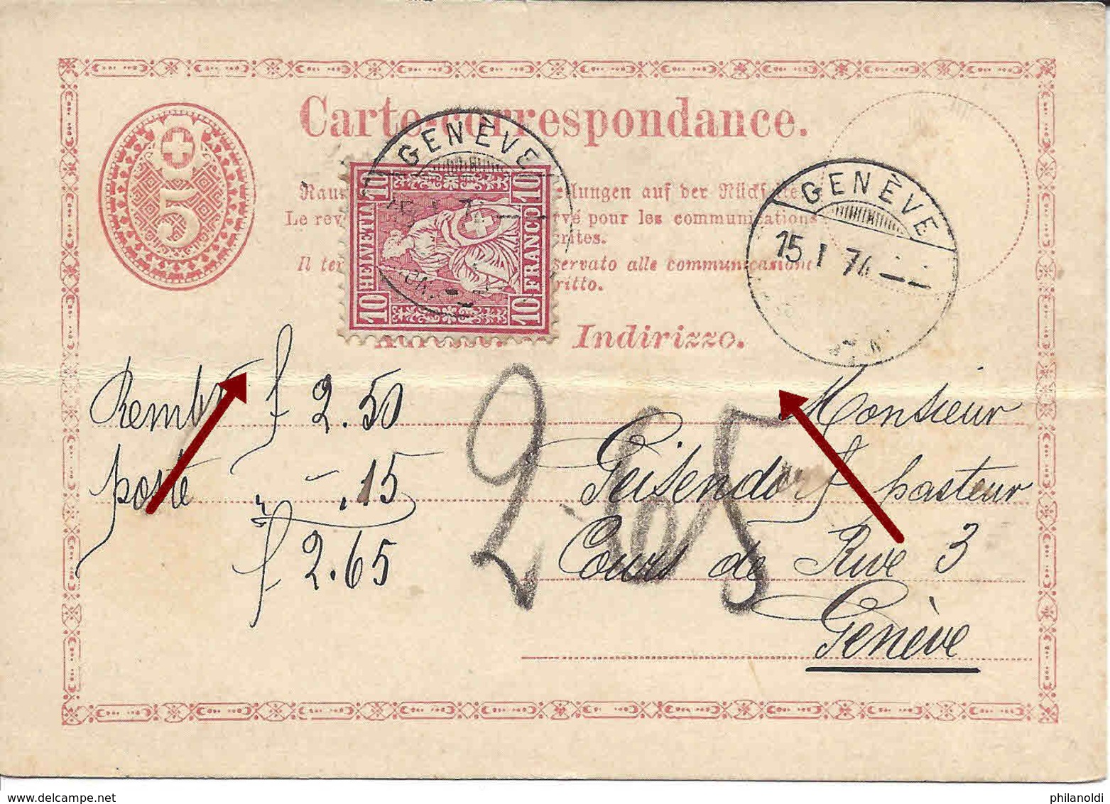 1874, Genève, Entier Postal + Helvétie 10 Centimes, Remboursement Nachnahme, SUISSE - Briefe U. Dokumente