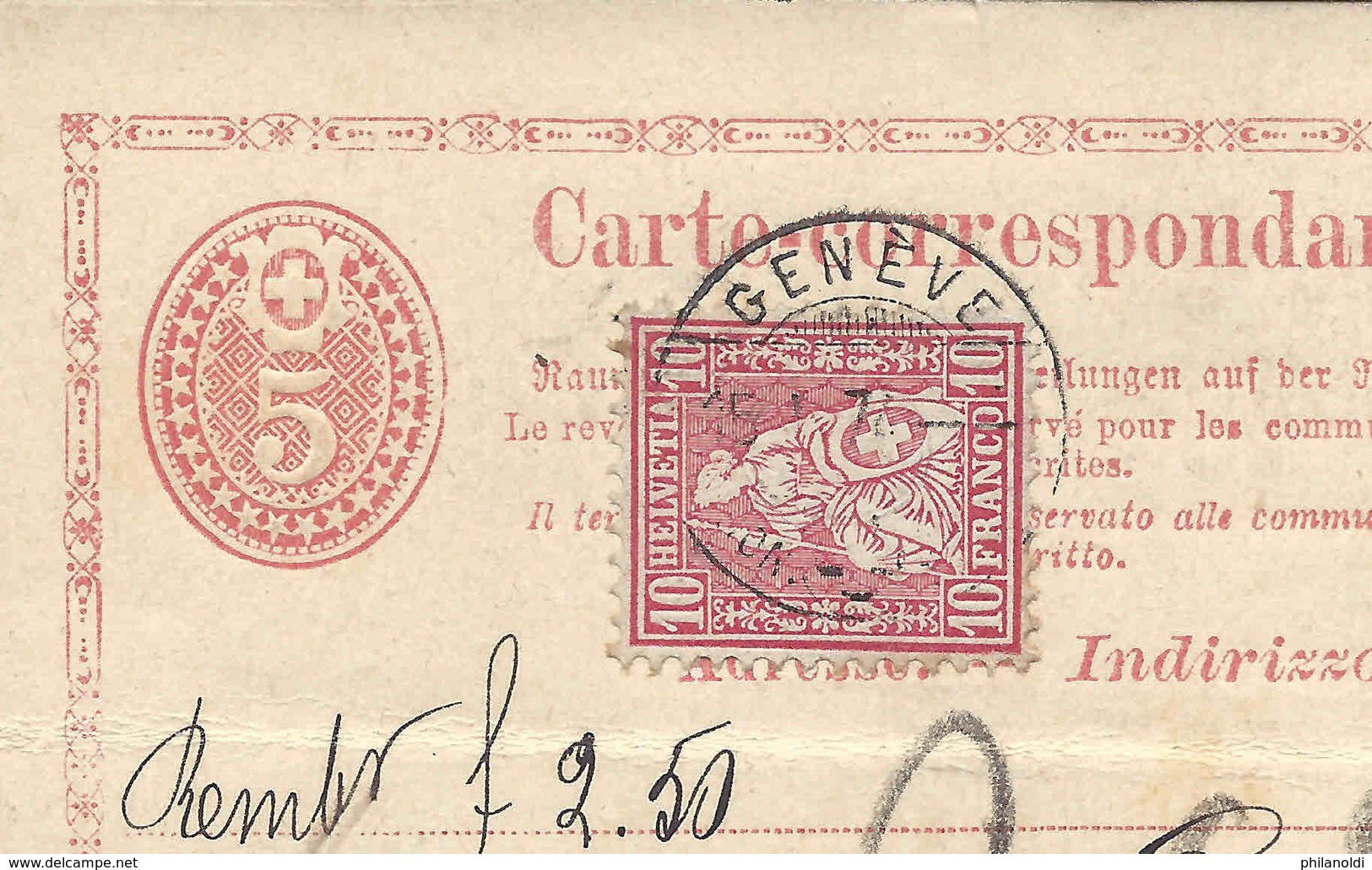 1874, Genève, Entier Postal + Helvétie 10 Centimes, Remboursement Nachnahme, SUISSE - Briefe U. Dokumente
