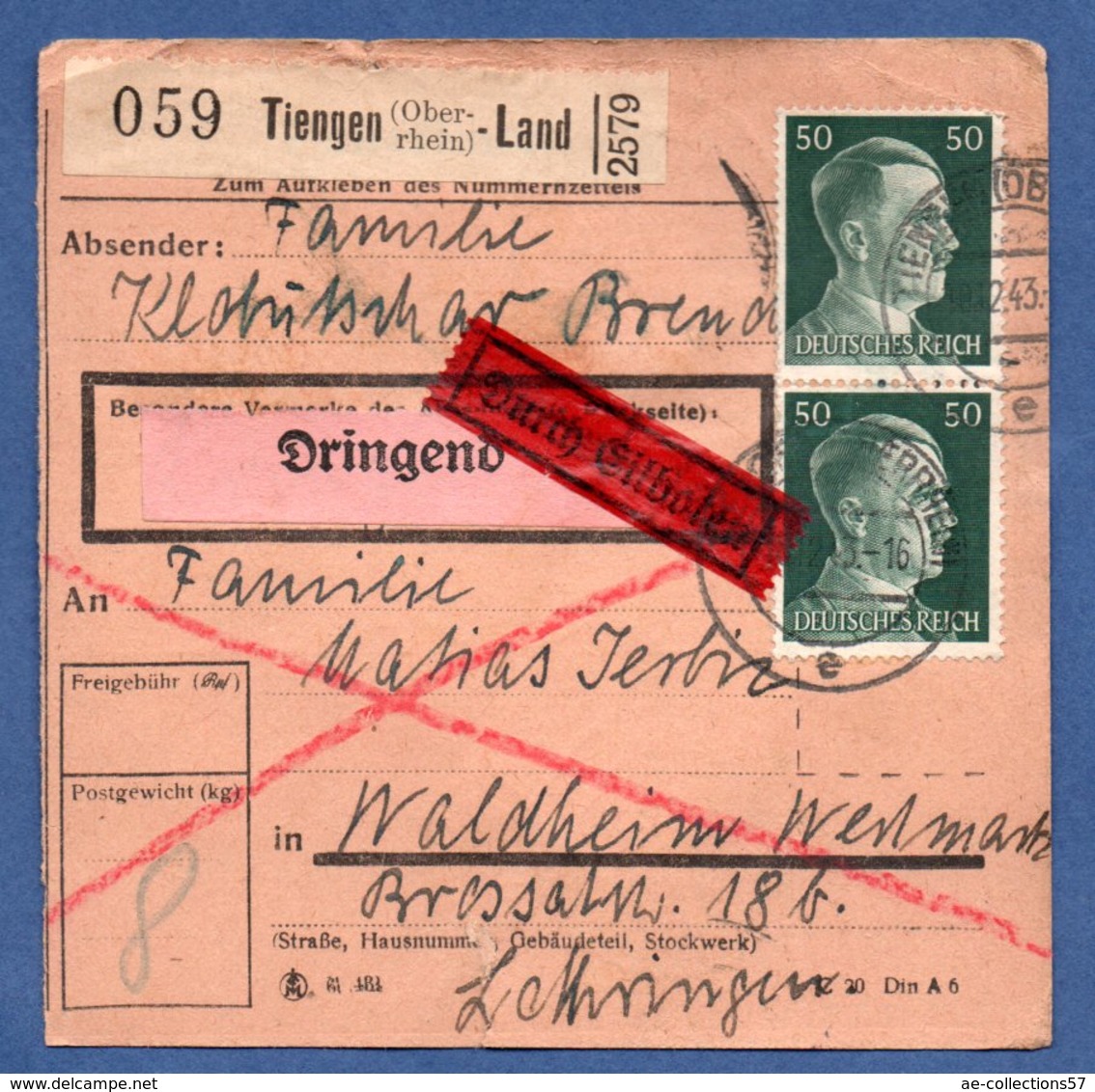 Colis Postal  -  Départ Tiengen-Land-  10/12/1943  - Petite Déchirure  à 6 Heures - Storia Postale