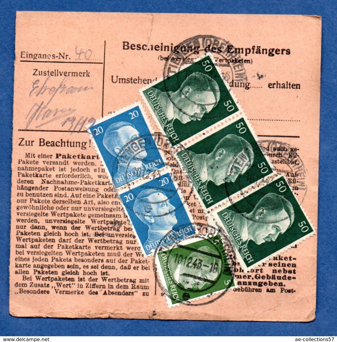 Colis Postal  -  Départ Tiengen-Land-  10/12/1943  - Petite Déchirure  à 6 Heures - Storia Postale