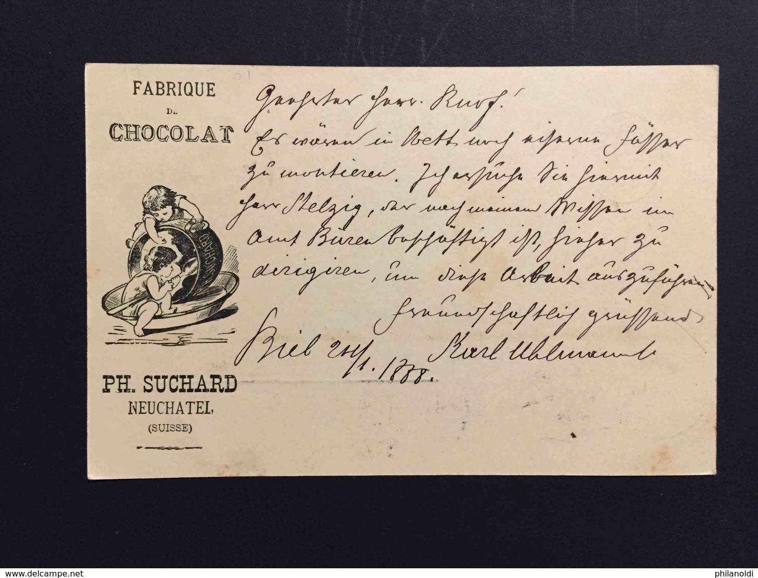 1888, Publicité Illustrée Chocolat Suchard "enfants Et Tasse De Chocolat" Entier Postal, Bienne Pour Berne - Stamped Stationery