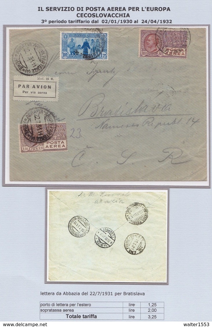 Storia Postale Lettera Da Abbazia Fiume Per Bratislava Del 22.7.1931 In Tariffa SPLENDIDA - Marcophilie (Avions)