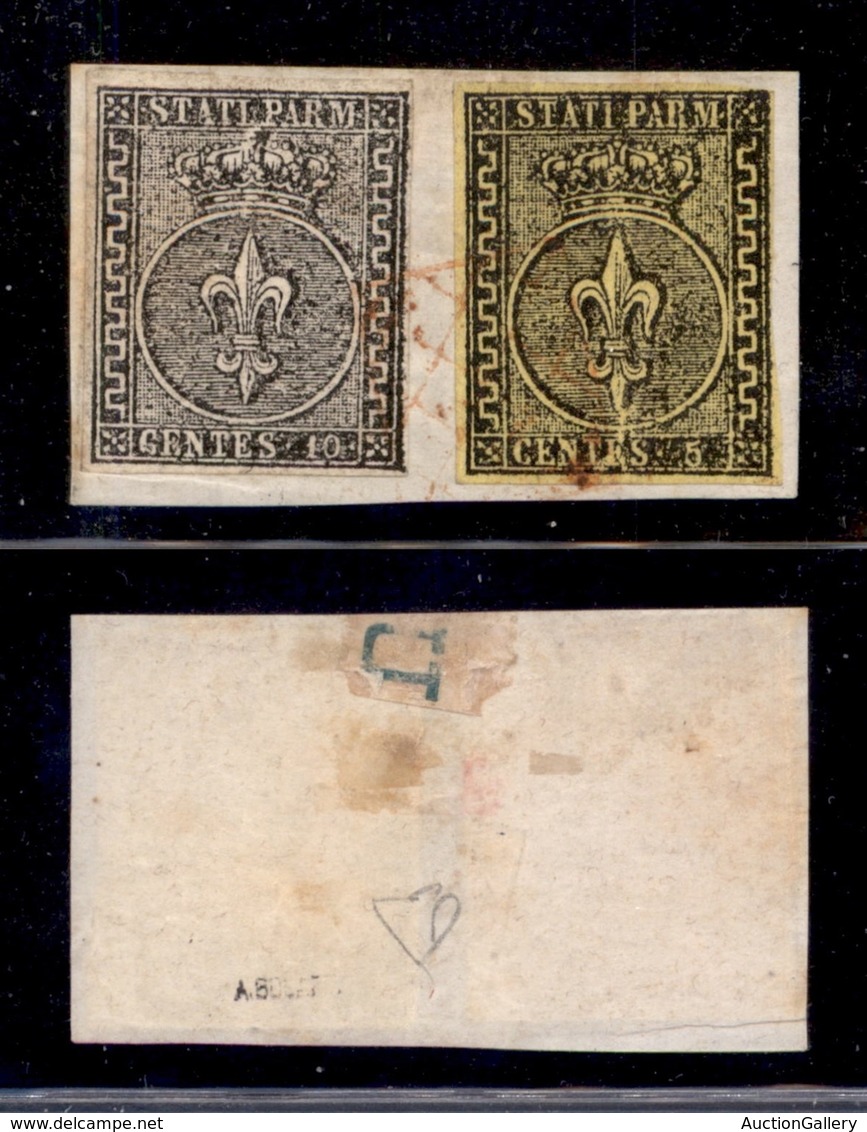 ANTICHI STATI - PARMA - 1852 - 10 Cent (2) + 5 Cent (1) Su Frammento Annullati Con Griglietta In Rosso - Diena - Altri & Non Classificati