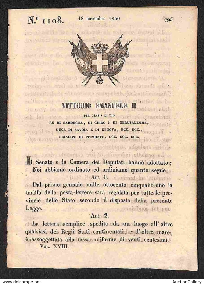 ANTICHI STATI - SARDEGNA - 1850 (18 Novembre) - Tariffa Della Posta Lettere - Decreto 1108 - 12 Pagine - Autres & Non Classés