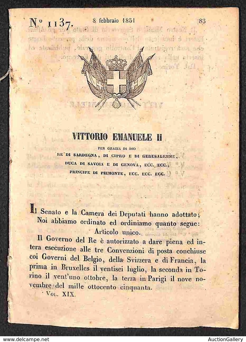 ANTICHI STATI - SARDEGNA - 1851 (8 Febbraio) - Decreto Di Autorizzazione E Esecuzione Delle Convezioni Di Posta Con Belg - Sonstige & Ohne Zuordnung