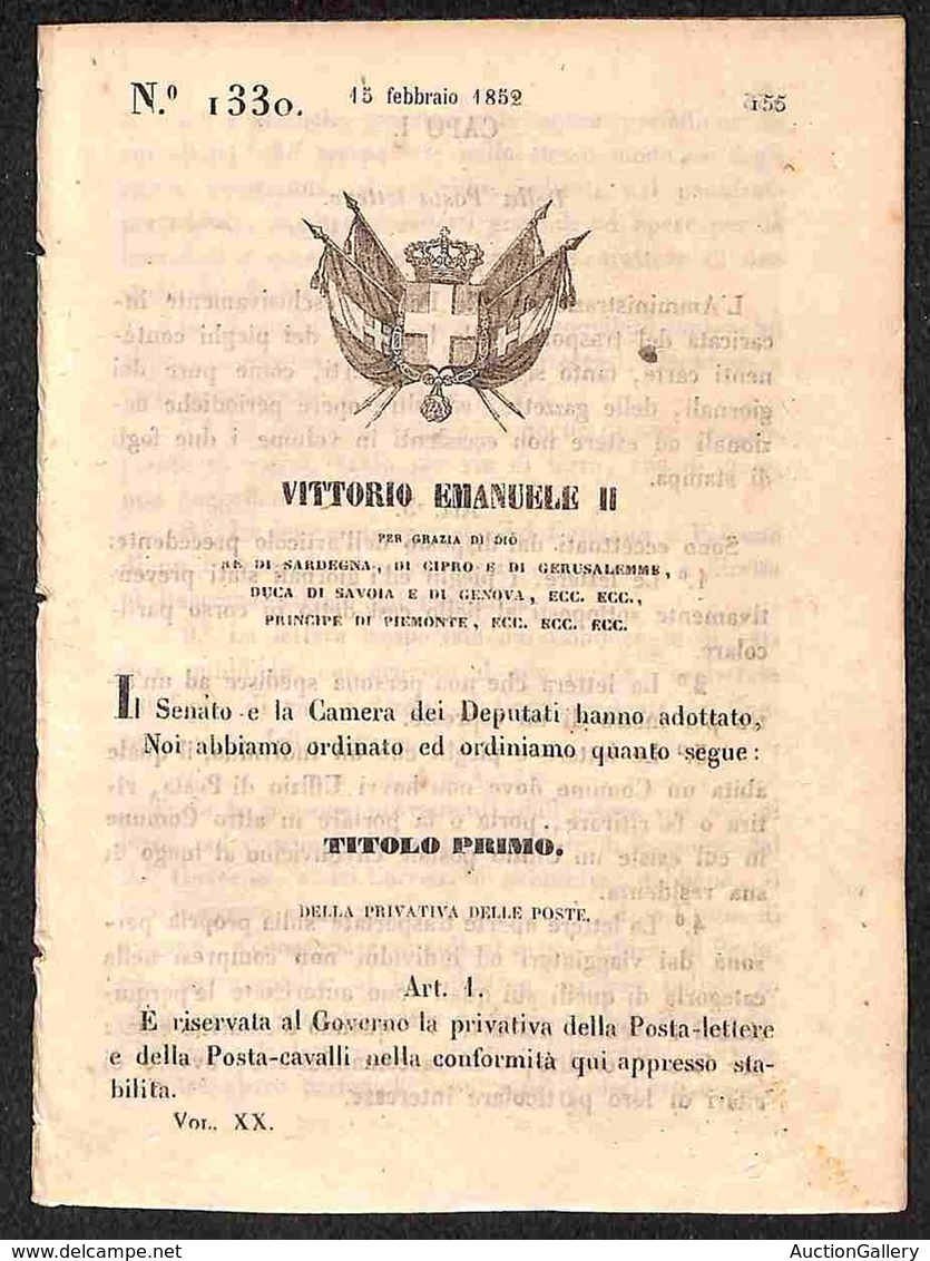 ANTICHI STATI - SARDEGNA - 1852 (15 Febbraio) - Privativa Della Posta Lettere E Della Posta Cavalli - Decreto 1330 - 20  - Autres & Non Classés