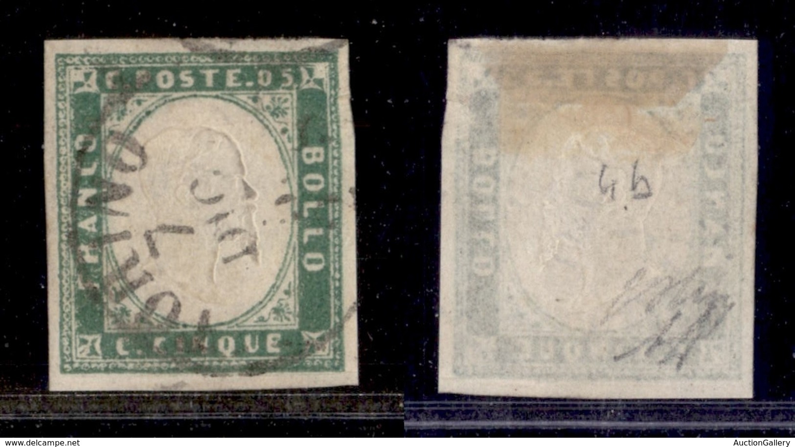 ANTICHI STATI - SARDEGNA - 1855 - 5 Cent (13c-verde Pisello) Usato A Torino - Diena + Oliva + Cert. AG (4.000) - Otros & Sin Clasificación