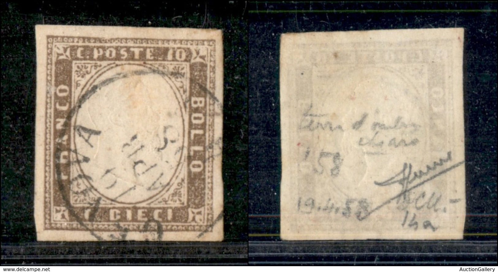 ANTICHI STATI - SARDEGNA - 1858 - 10 Cent (14a-terra D’ombra Chiaro) Usato A Genova - Sorani (850) - Sonstige & Ohne Zuordnung