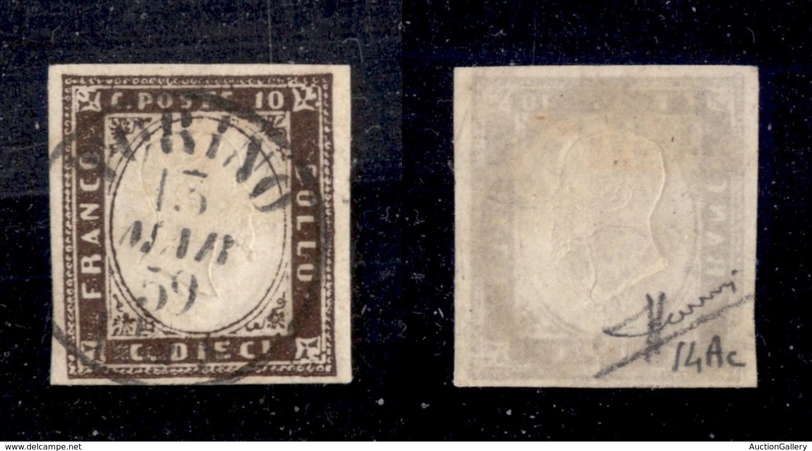ANTICHI STATI - SARDEGNA - 1859 - 10 Cent (14Ac-bruno Porpora) Usato A Torino - Sorani (1.000) - Autres & Non Classés