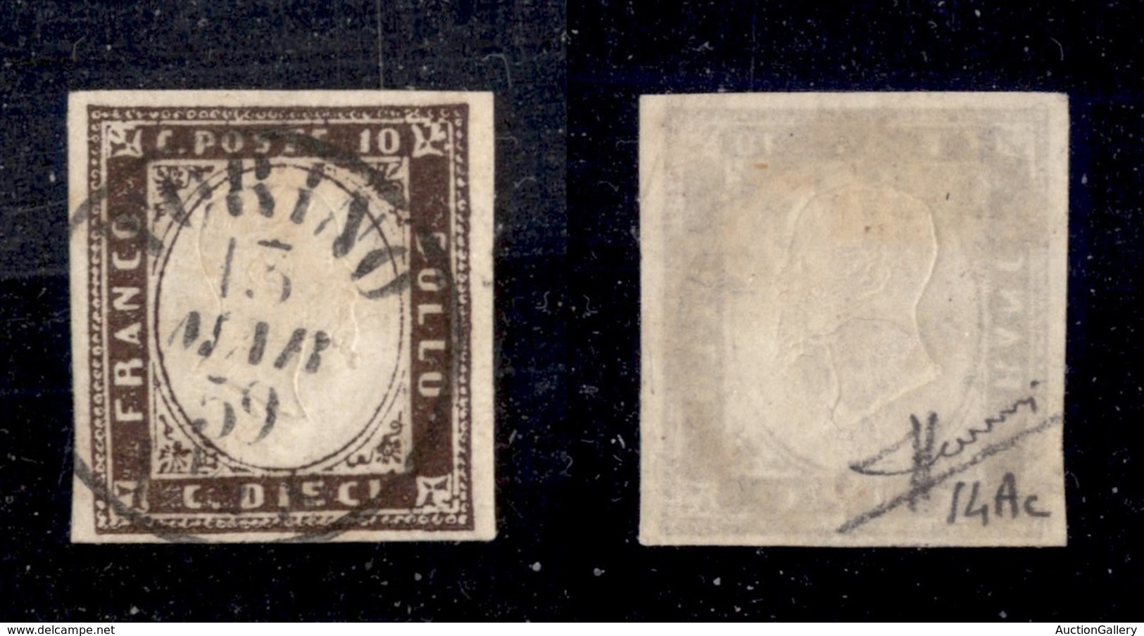 ANTICHI STATI - SARDEGNA - 1859 - 10 Cent (14Ac-bruno Porpora) Usato A Torino - Sorani (1.000) - Other & Unclassified