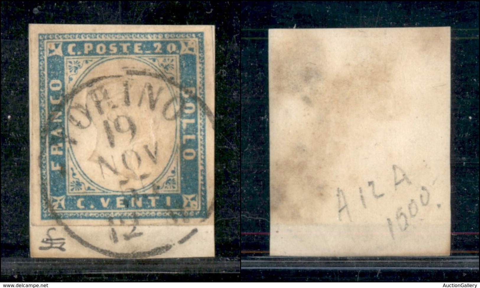 ANTICHI STATI - SARDEGNA - 19 Novembre 1855 - 20 Cent (15a-cobalto Chiaro) Su Frammento Da Torino (375) - Autres & Non Classés