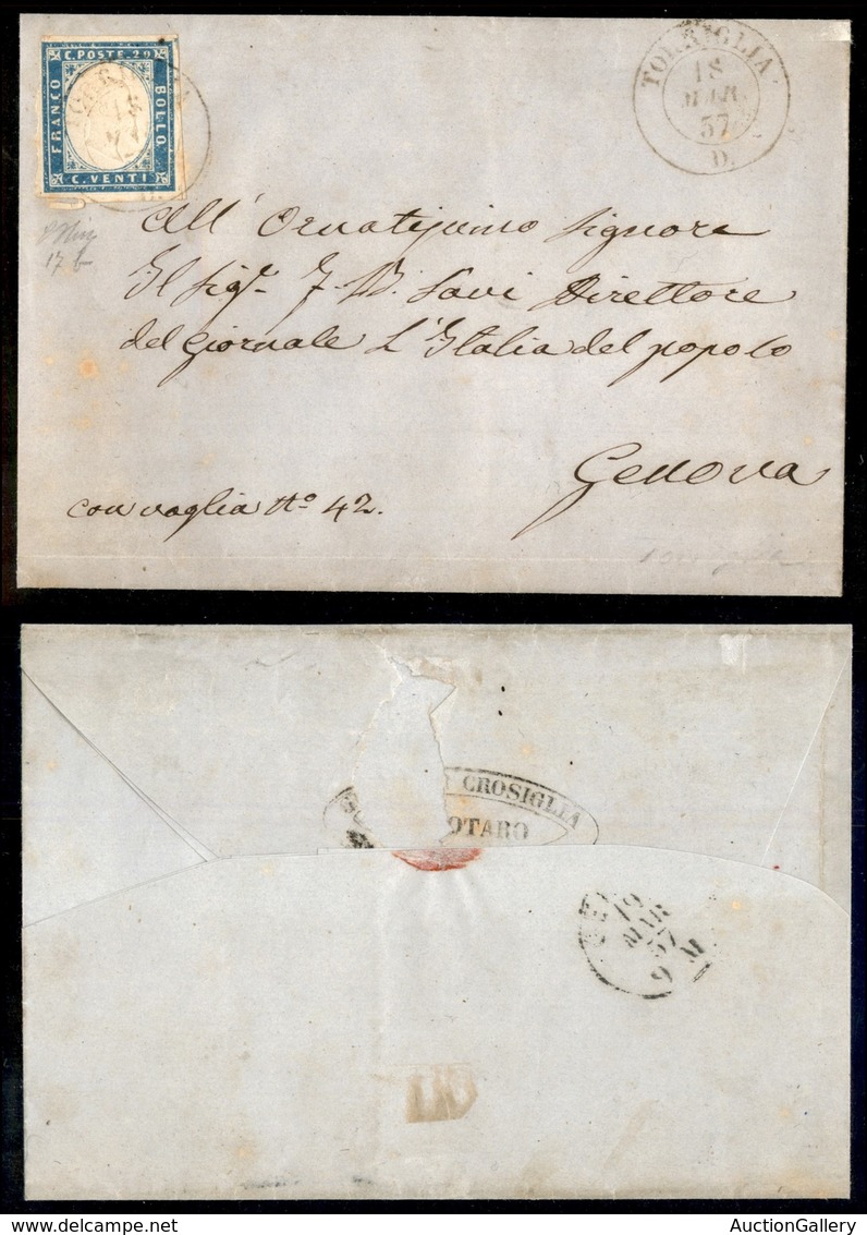 ANTICHI STATI - SARDEGNA - Torriglia (P.ti 12) Su 20 Cent (15f) Ben Marginato - Lettera Per Genova Del 18.3.57 - Oliva + - Sonstige & Ohne Zuordnung