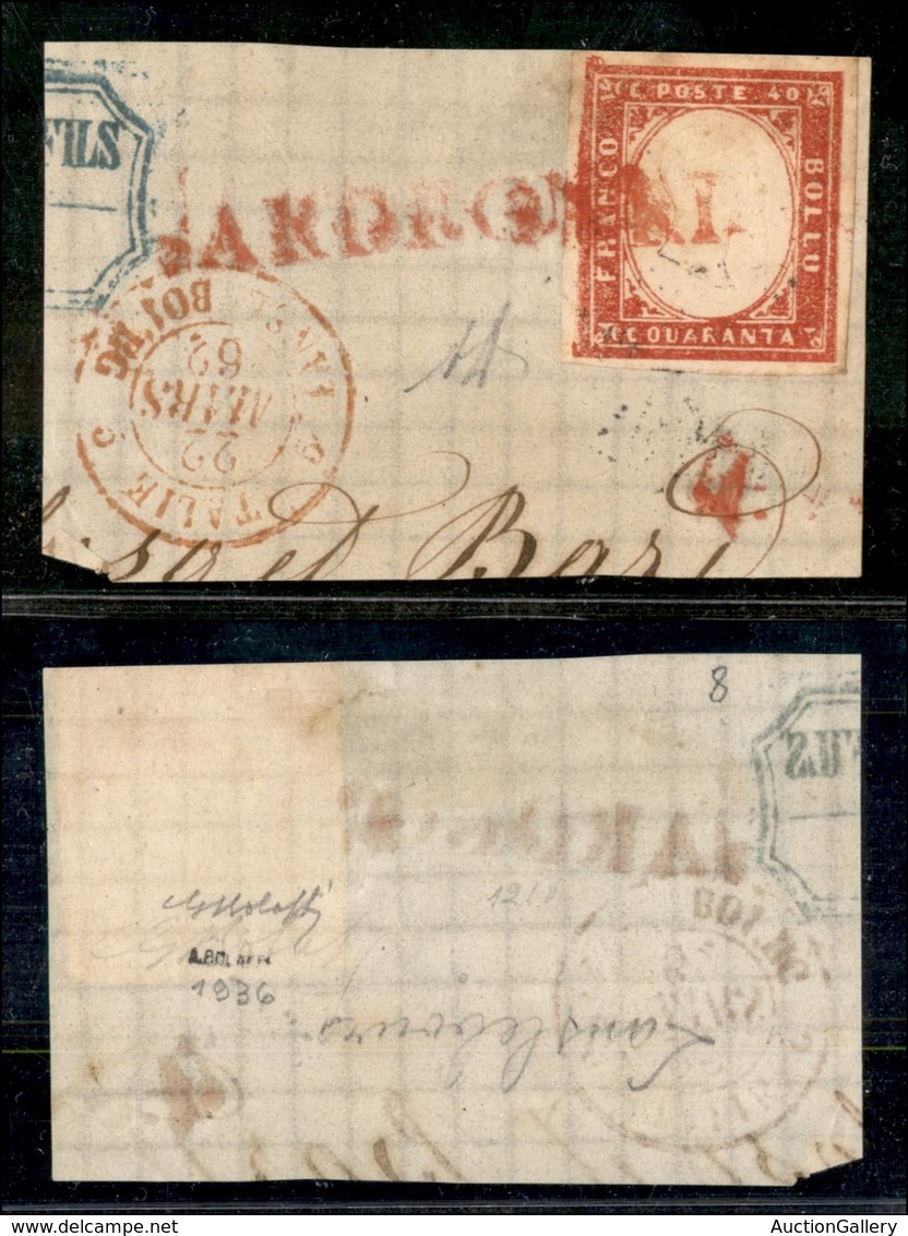 ANTICHI STATI - SARDEGNA - Sardegna (rosso-P.ti 9) Su 40 Cent (16Da) - Italie 5 22.3.62 (rosso) Su Frammento Per La Fran - Other & Unclassified