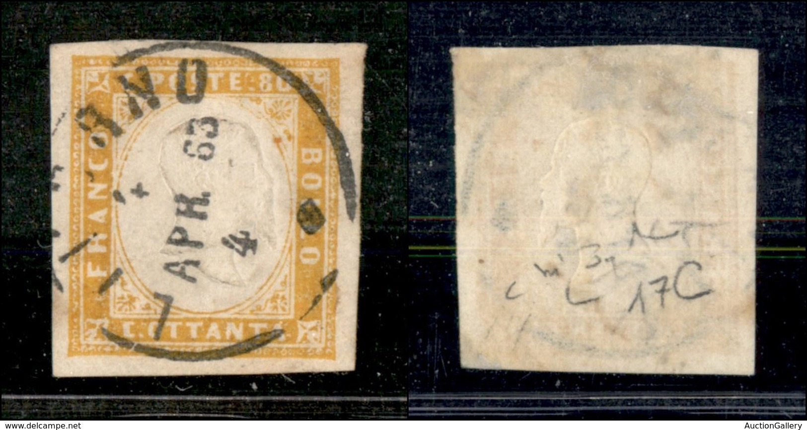 ANTICHI STATI - SARDEGNA - 1862 - 80 Cent (17Da) Usato A Livorno (4.4.63) - Raybaudi (800) - Autres & Non Classés