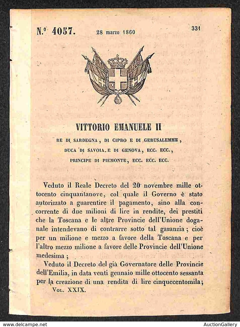 ANTICHI STATI - SARDEGNA - 1860 (28 Marzo) - R. Decreto 4057 - Assunzione Del Debito Delle Province Dell’Emilia E Della  - Autres & Non Classés