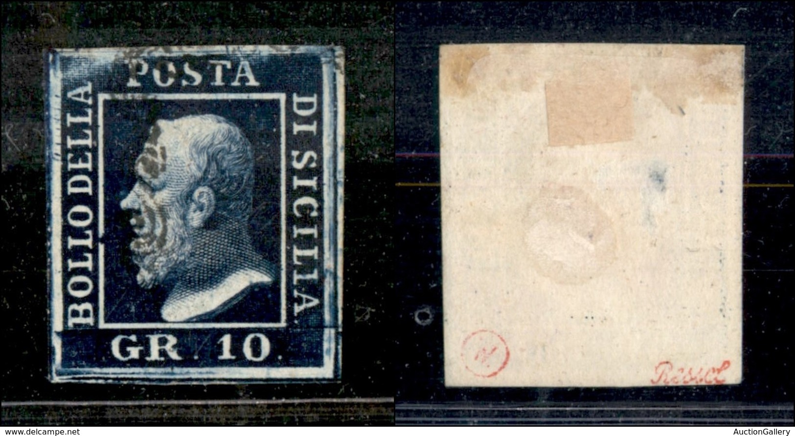 ANTICHI STATI - SICILIA - 1859 - 10 Grana (12a-indaco Nero) Usato - Punto Chiaro - Cert. AG (4.500) - Other & Unclassified