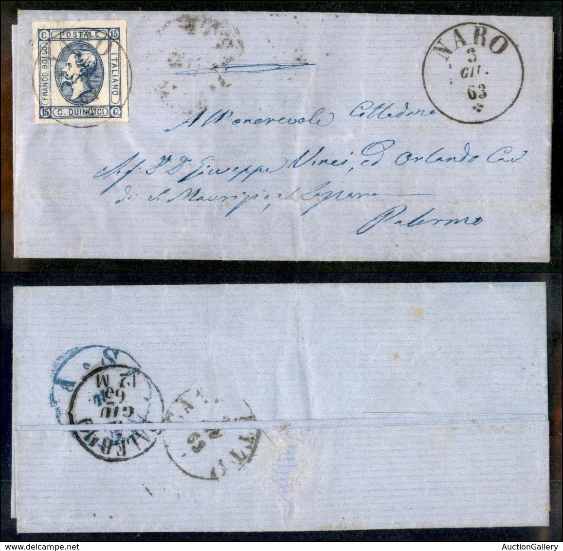 ANTICHI STATI - SICILIA - Naro (P.ti 8) Su 15 Cent (12-Regno) - Letterina Per Palermo Del 3.6.63 - Sonstige & Ohne Zuordnung
