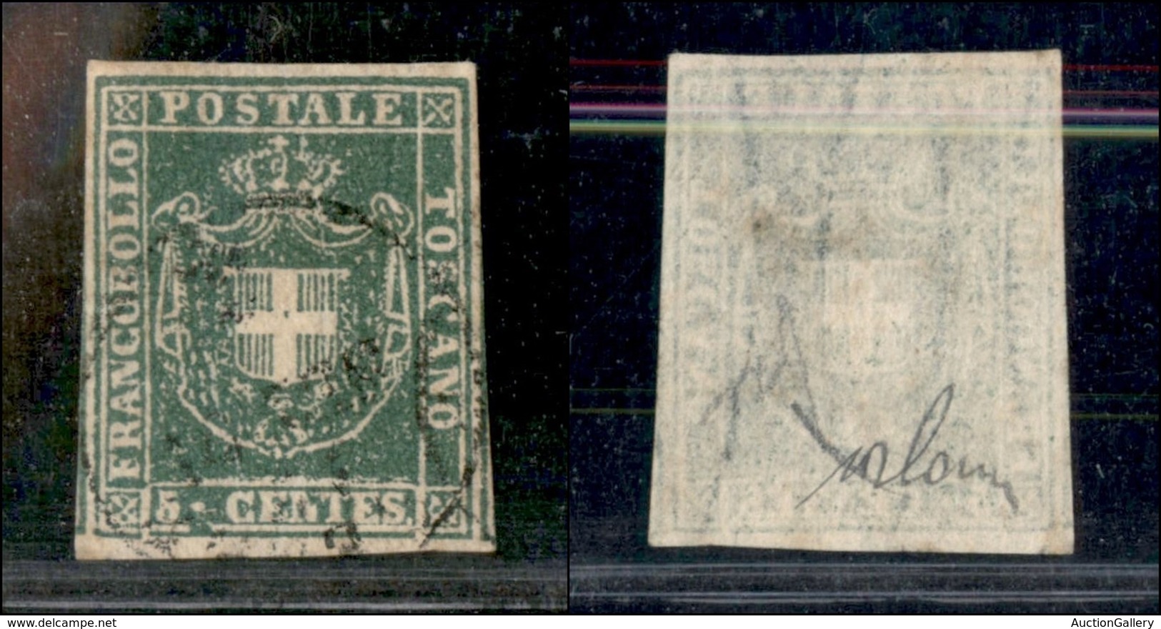 ANTICHI STATI - TOSCANA - 1860 - 5 Cent (18) Usato - Parte Di 2 Vicini Ai Lati - Cert. AG - Sonstige & Ohne Zuordnung