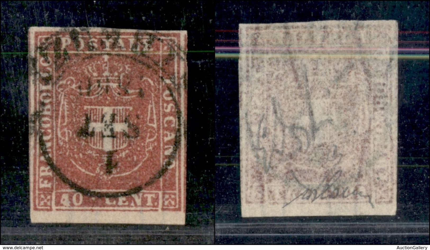 ANTICHI STATI - TOSCANA - 1860 - 40 Cent (21) Usato - Bordo Foglio In Basso Con Parte Di 2 Vicini Ai Lati - Diena + Cert - Autres & Non Classés