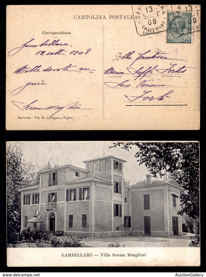 REGNO D'ITALIA - Gambellaro/Ravenna (quadrato) Su 5 Cent Leoni (81) - Cartolina (Villa Monghini) Per Forlì Del 13.9.08 - Sonstige & Ohne Zuordnung