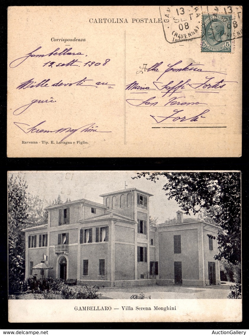 REGNO D'ITALIA - Gambellaro/Ravenna (quadrato) Su 5 Cent Leoni (81) - Cartolina (Villa Monghini) Per Forlì Del 13.9.08 - Altri & Non Classificati