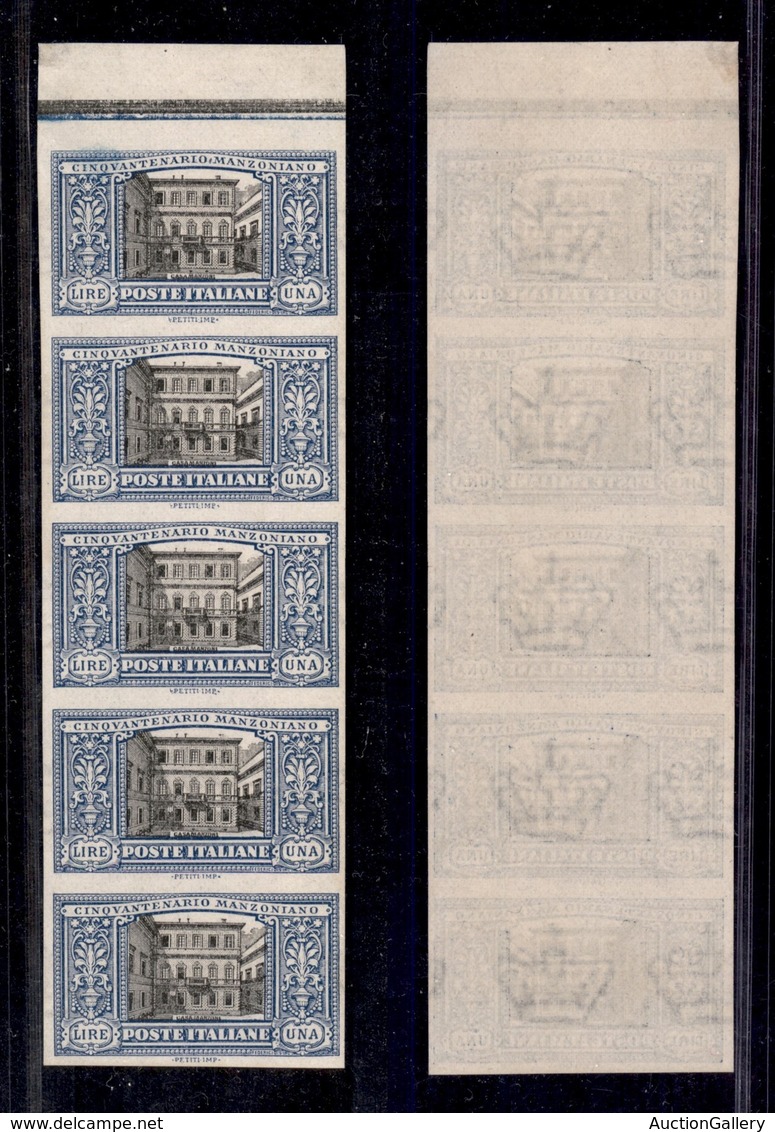 REGNO D'ITALIA - 1924 - 1 Lira Manzoni (155d) Non Dentellato - Striscia Verticale Di Cinque Bordo Foglio - Rigommata - Sonstige & Ohne Zuordnung