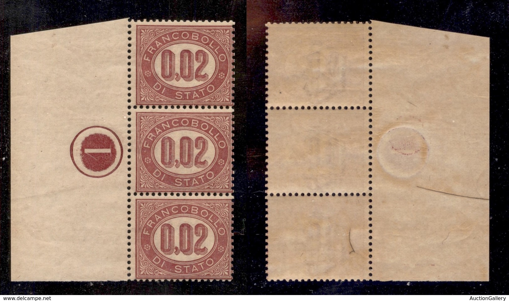 REGNO D'ITALIA - 1875 - Servizio - 2 Cent (1) - Striscia Verticale Di 3 Bordo Foglio Con Numero Di Tavola (1 In Cerchio) - Autres & Non Classés