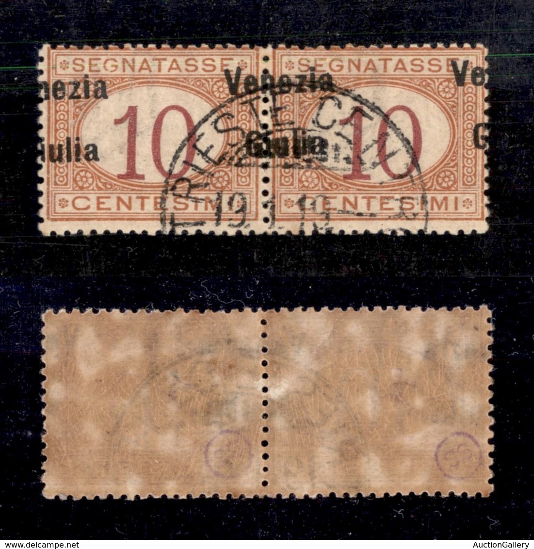 OCCUPAZIONI - VENEZIA GIULIA - 1918 - Segnatasse - 10 Cent (2cb) - Coppia Orizzontale Usata Con Soprastampe Oblique (a C - Sonstige & Ohne Zuordnung