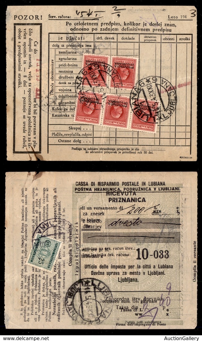 OCCUPAZIONI - LUBIANA - 25 Cent Segnatasse (37-Regno) Su Ricevuta Vaglia - Lubiana 14.5.43 - Al Retro 5 Marche Da Bollo  - Sonstige & Ohne Zuordnung