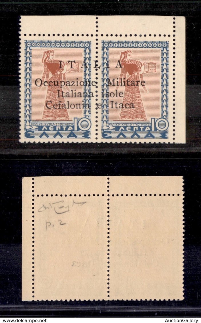 OCCUPAZIONI - ARGOSTOLI - 1941 - 10 + 10 Lepta (12oe) Angolo Di Foglio (pos.2) - Soprastampa Obliqua - Gomma Integra - R - Other & Unclassified