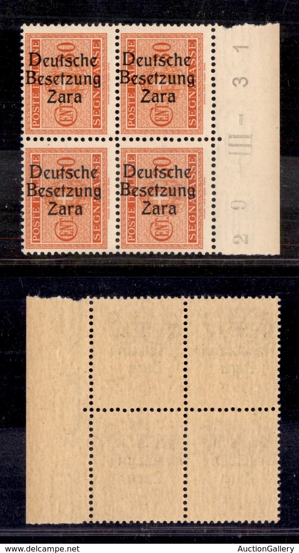 OCCUPAZIONI - ZARA - 1943 - Segnatasse - 30 Cent (5) - Quartina Bordo Foglio - Gomma Integra (400+) - Sonstige & Ohne Zuordnung