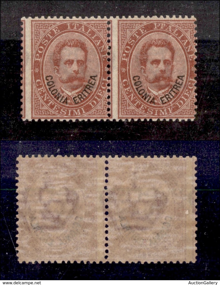 COLONIE ITALIANE - ERITREA - 1893 - 10 Cent Umberto (4) - Coppia Con Dentellatura Verticale Spostata - Gomma Integra - C - Altri & Non Classificati