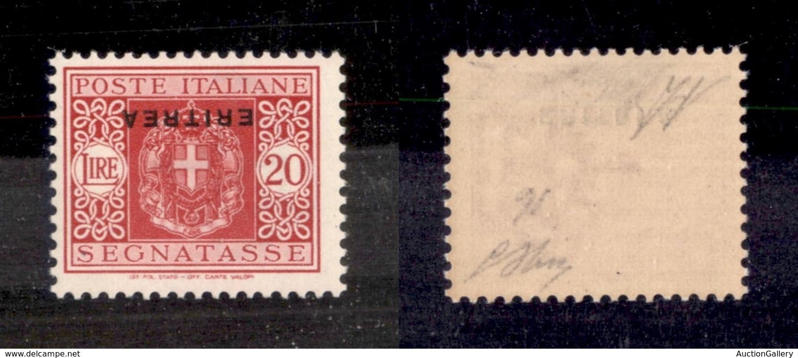 COLONIE ITALIANE - ERITREA - 1934 - Segnatasse - 20 Lire (38a) Con Soprastampa Capovolta - Gomma Integra - Oliva + Diena - Other & Unclassified