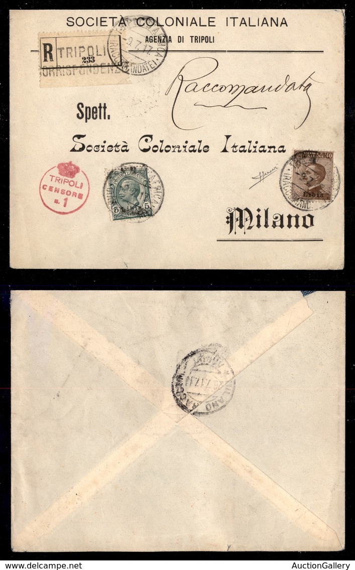 COLONIE ITALIANE - LIBIA - 5 Cent (3) + 40 Cent (8) - Raccomandata Da Tripoli A Milano Del 9.7.17 - Sorani - Other & Unclassified