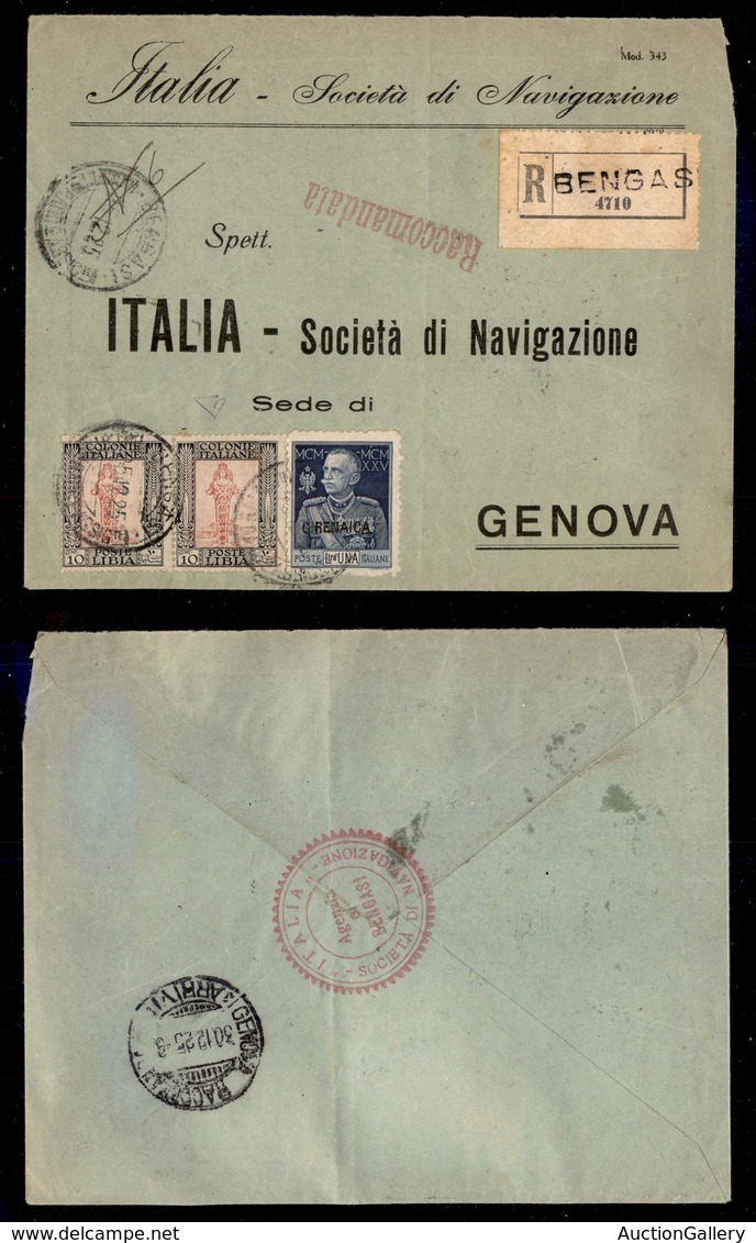 COLONIE ITALIANE - LIBIA - Raccomandata Da Bengasi A Genova Del 25.12.25 (47 Coppia + 24 Cirenaica) - Diena - Andere & Zonder Classificatie