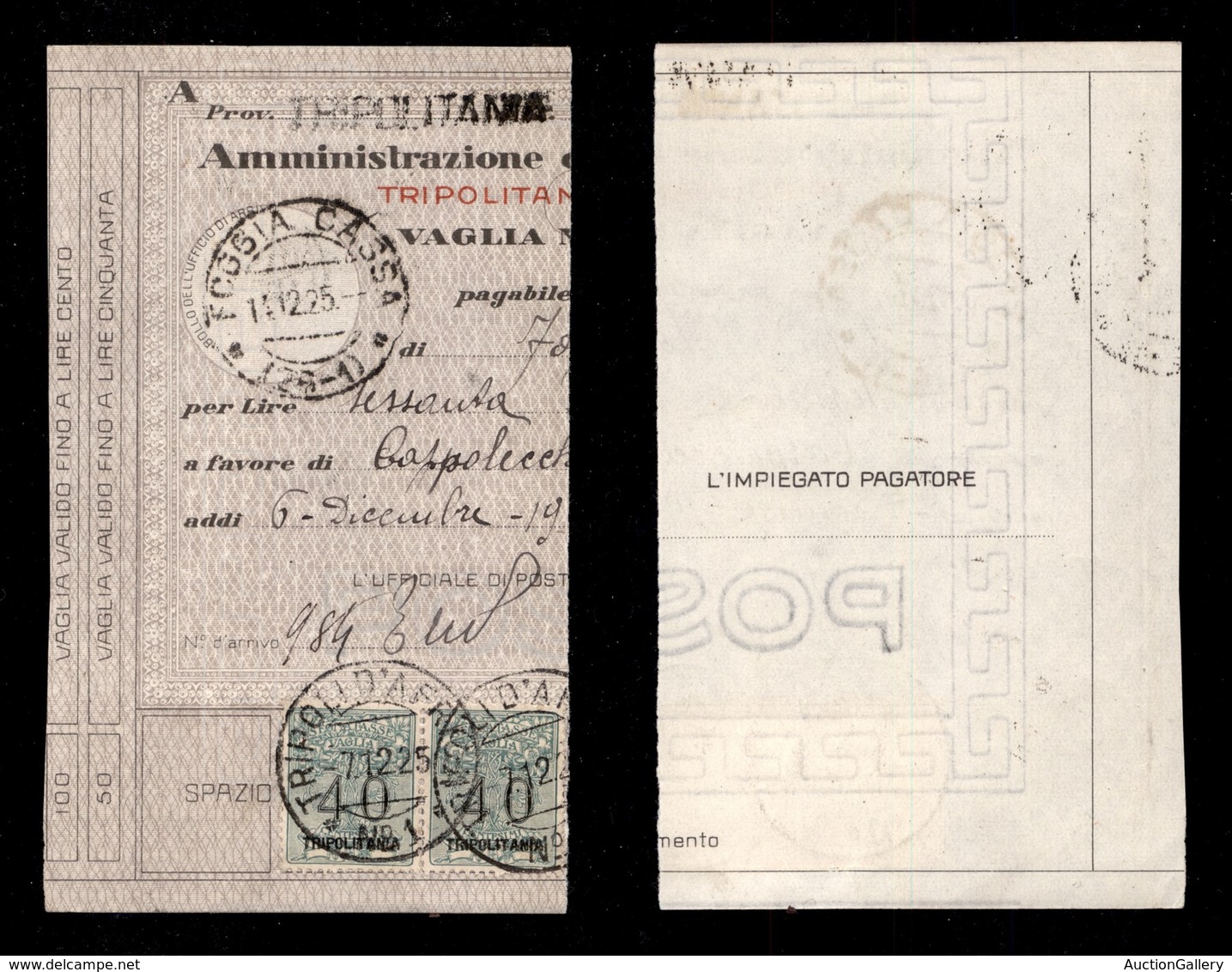 COLONIE ITALIANE - TRIPOLITANIA - Segnatasse Vaglia - 40 Cent (2) - Coppia Su Ricevuta Vaglia Da Tripoli N.1 Del 7.12.25 - Other & Unclassified