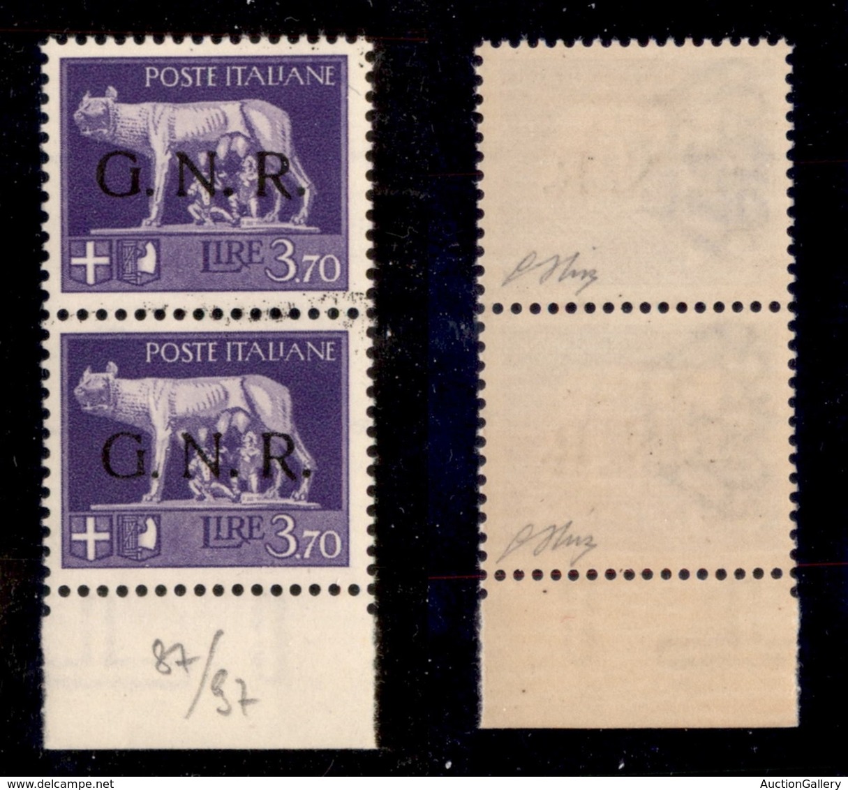 REPUBBLICA SOCIALE - GNR VERONA - 1944 - 3,70 Lire (484iac+484iab) - Coppia Bordo Foglio - Gomma Integra - Oliva - Other & Unclassified