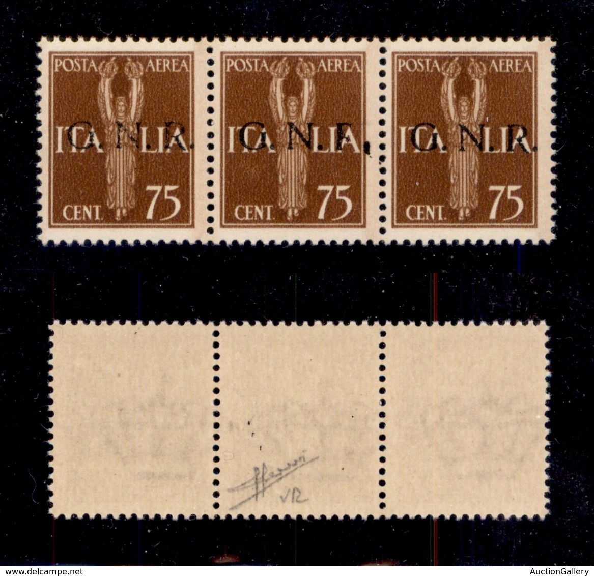 REPUBBLICA SOCIALE - GNR VERONA - 1944 - 75 Cent (119+119ccf+119-Aerea) - Striscia Orizzontale Di Tre Con Soprastampa Ev - Other & Unclassified