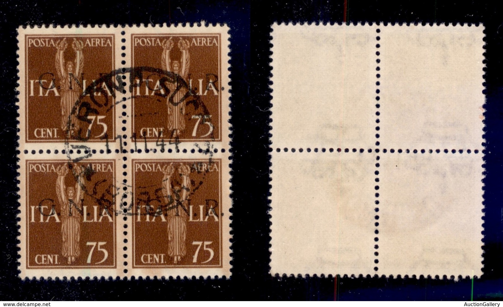 REPUBBLICA SOCIALE - GNR VERONA - 1944 - 75 Cent (119-Aerea) - Quartina Usata A Verona (Borsa 11.11.44) - Cert. AG (1.20 - Altri & Non Classificati