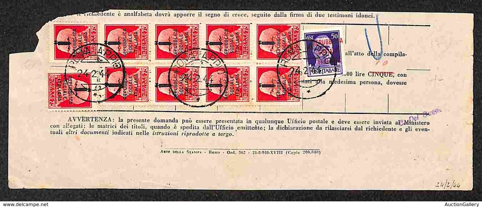 REPUBBLICA SOCIALE - PROVVISORI - Buoni Fruttiferi Postali - Roma 24.2.44 - Tassa Di 8 Lire (493+494 Dieci) - Other & Unclassified