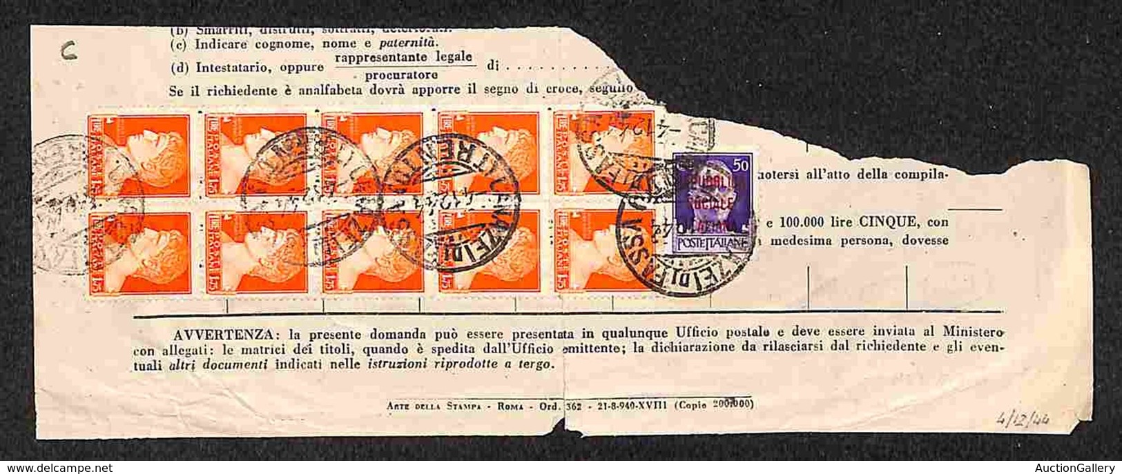 REPUBBLICA SOCIALE - PROVVISORI - Buoni Fruttiferi Postali - Canazei Di Fassa 4.12.44 - Tassa Di 18 Lire (254 Dieci+493) - Other & Unclassified