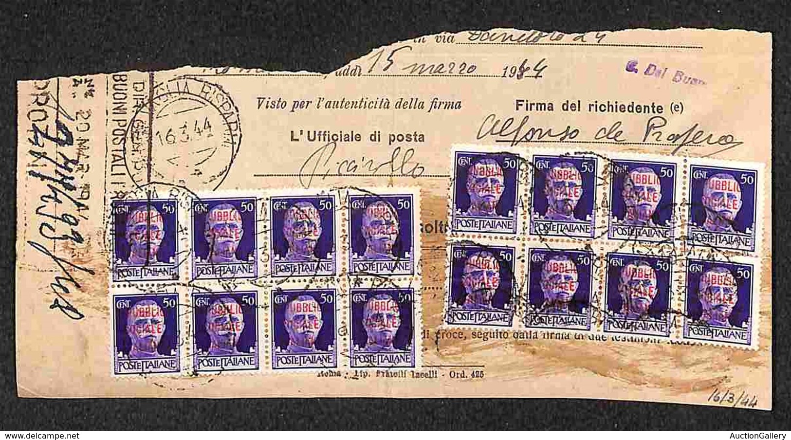 REPUBBLICA SOCIALE - PROVVISORI - Buoni Fruttiferi Postali - Roma 16.3.44 - Tassa Di 8 Lire (493-due Blocchi Di 8) - Other & Unclassified