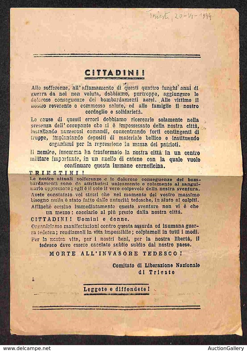 CLN - LOCALI - LOCALI - 1944 (20 Giugno) - Trieste/Comitato Di Liberazione Nazionale - Morte All’invasore Tedesco - Vola - Autres & Non Classés