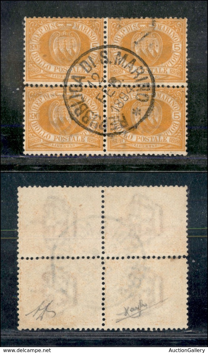SAN MARINO - 1890 - 5 Cent (2) - Quartina Usata Diena + Raybaudi + Cert. AG - 12.2.94 (1.000) - Autres & Non Classés