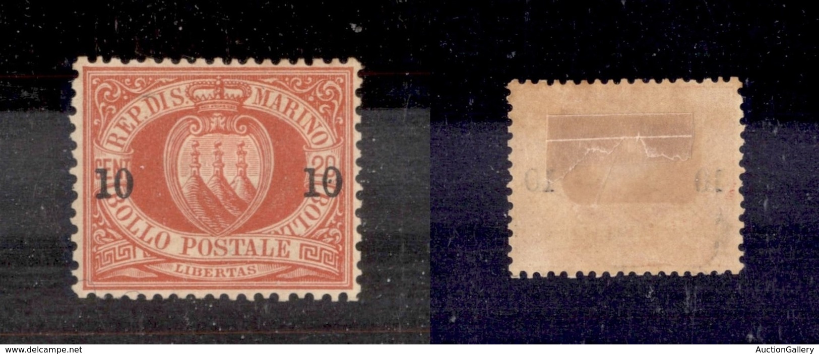 SAN MARINO - 1892 - 10 Cent Su 20 (11) Gomma Originale - Ottimamente Centrato - Cert. AG (1.200) - Sonstige & Ohne Zuordnung