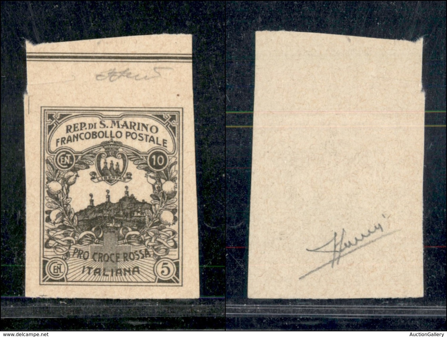 SAN MARINO - 1916 - Prova Di Macchina - 10 + 5 Cent Croce Rossa (CEI P50A) Bordo Foglio - Senza Gomma - Cert. Sorani - Otros & Sin Clasificación