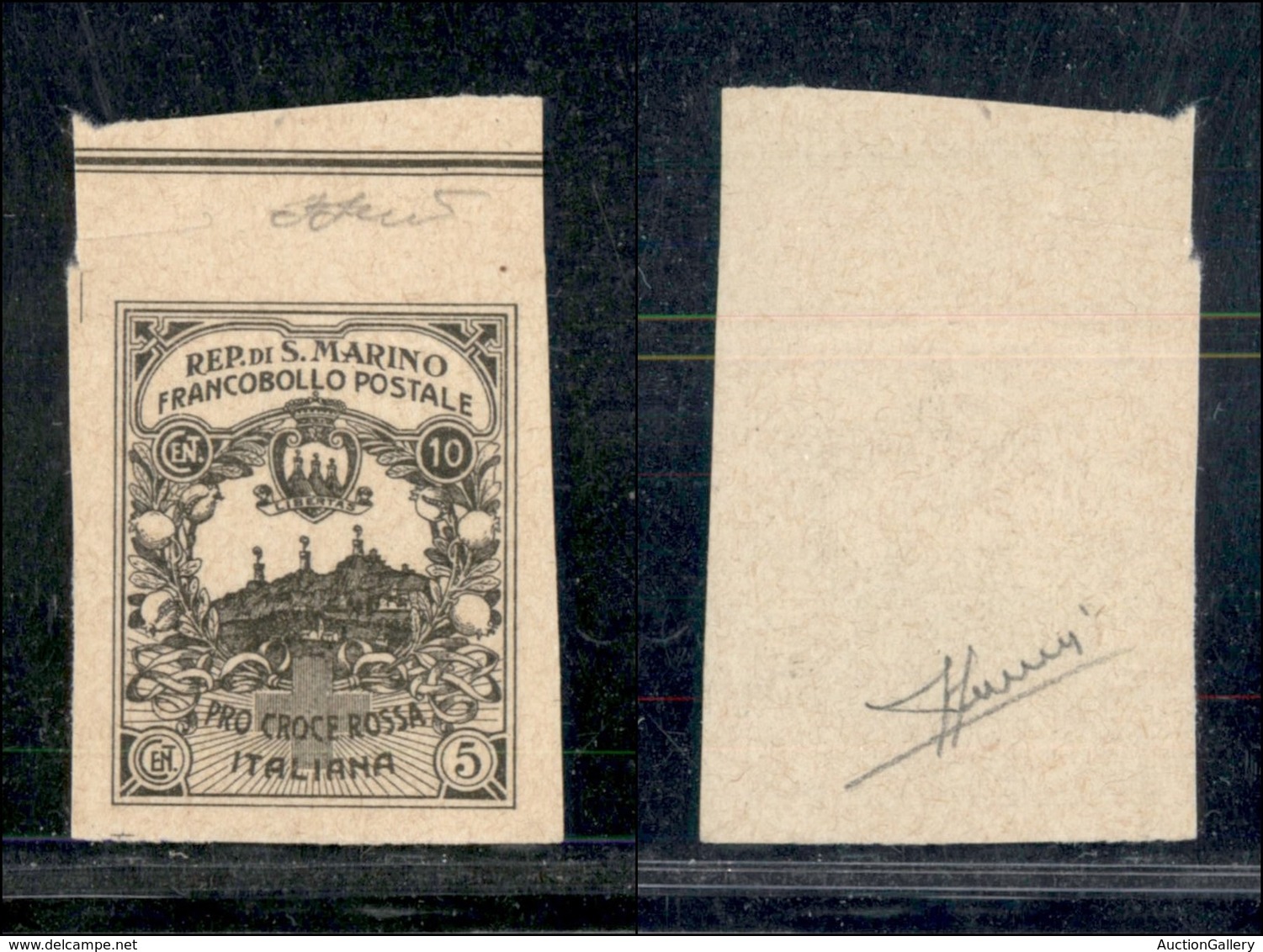 SAN MARINO - 1916 - Prova Di Macchina - 10 + 5 Cent Croce Rossa (CEI P50A) Bordo Foglio - Senza Gomma - Cert. Sorani - Autres & Non Classés