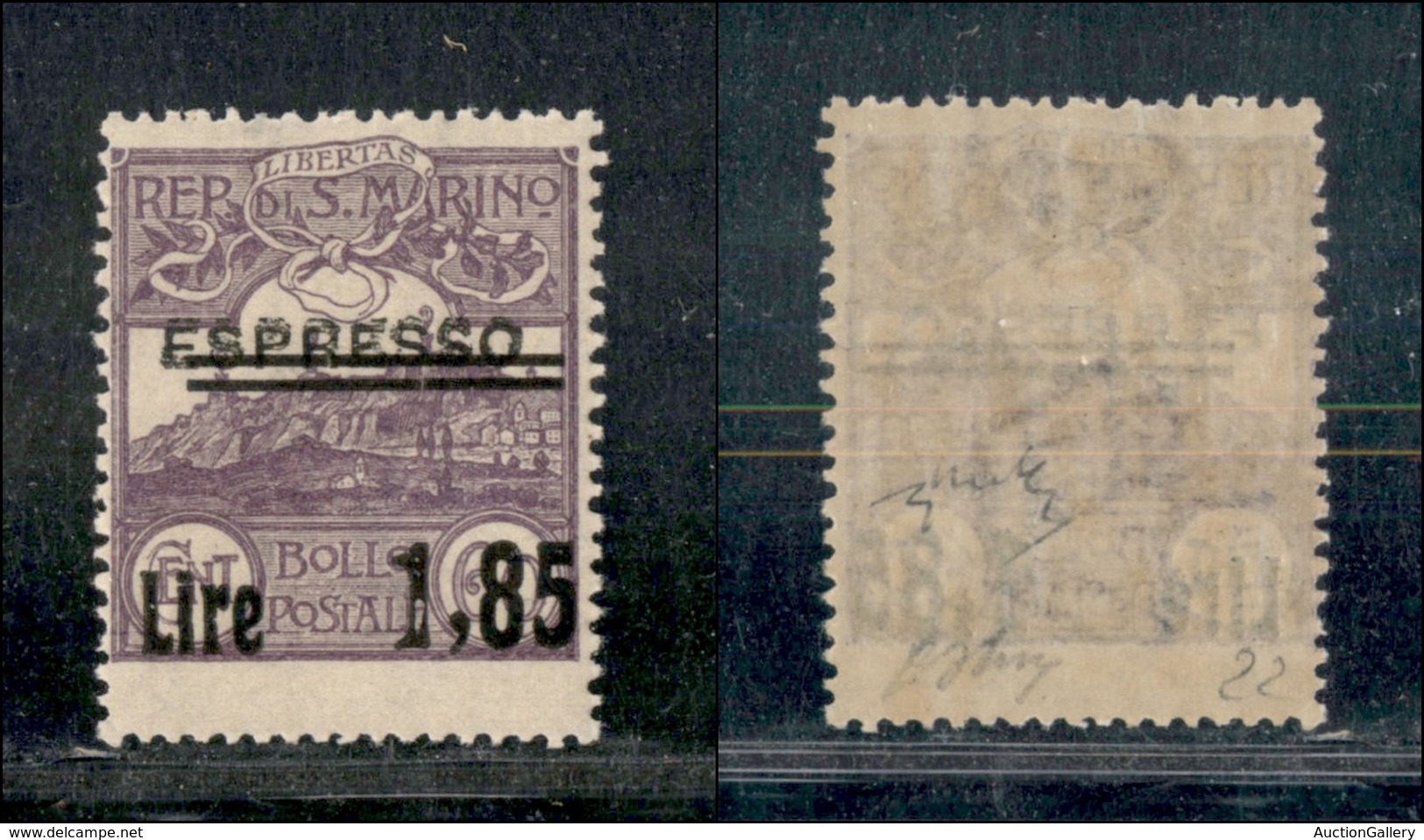 SAN MARINO - 1926 - 1,85 Lire Su 60 Cent (129a) Con Doppia Soprastampa “Espresso” - Gomma Originale - Cert. Chiavarello  - Other & Unclassified