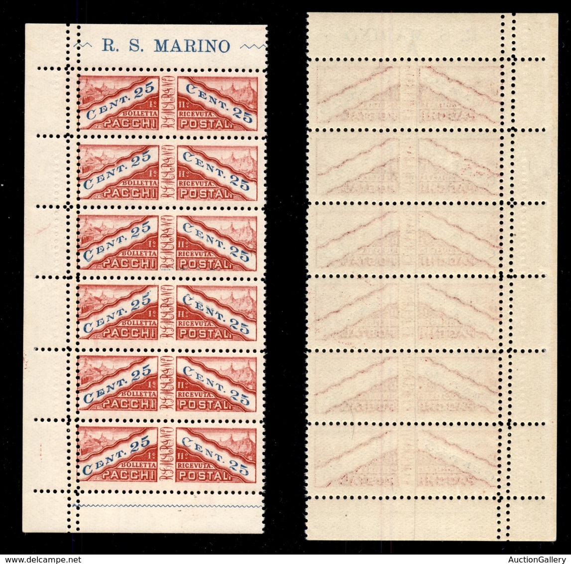 SAN MARINO - 1928 - Pacchi Postali - 25 Cent (4) - Blocco Di Sei Con Tripla Dentellatura (una Cieca) - Gomma Integra - N - Autres & Non Classés